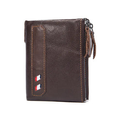 Retro Men's Leather Wallet Double Zipper Hand Holding Short Money Chuck