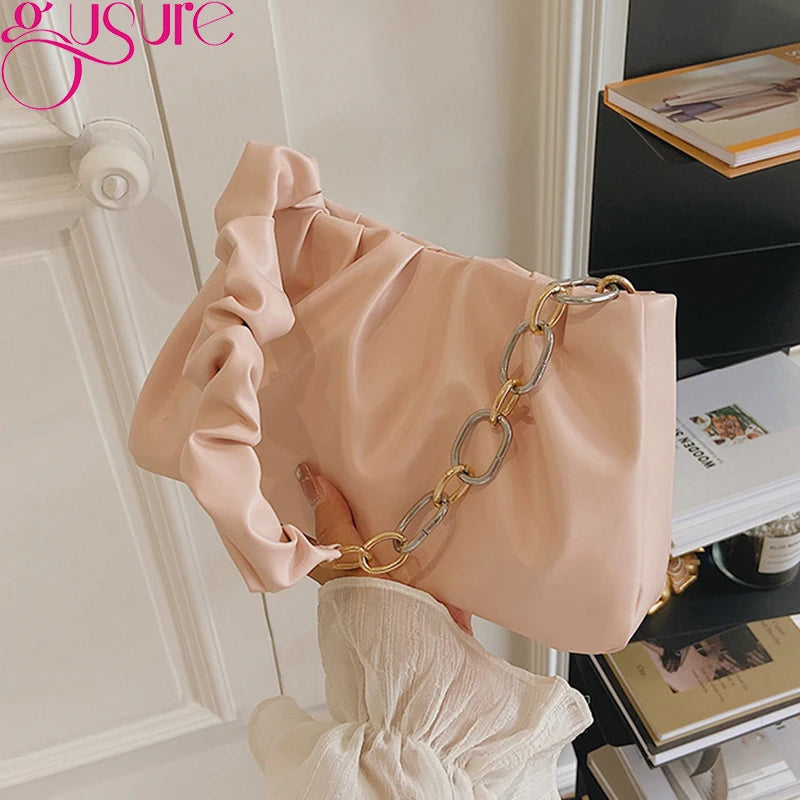 Ruched Cloud Small Clutch Handbag Purse Female Spring Chain Shoulder Bag