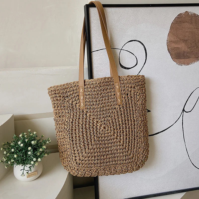 Straw Woven Shoulder Bag Beach Travel Rattan Knitted Large