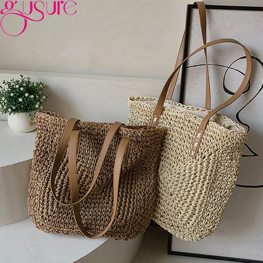 Straw Woven Shoulder Bag Beach Travel Rattan Knitted Large