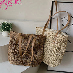 Straw Woven Shoulder Bag Beach Travel Rattan Knitted Large