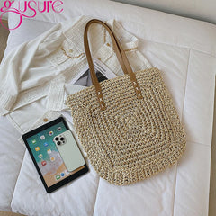 Straw Woven Shoulder Bag Beach Travel Rattan Knitted Large