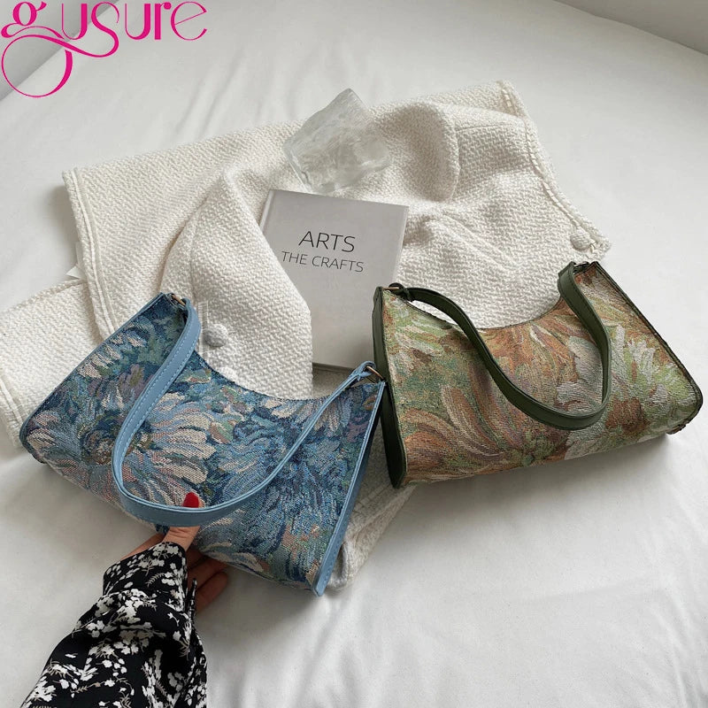 Women Canvas Shoulder Bag Oil Painting Underarm Hobos Bag