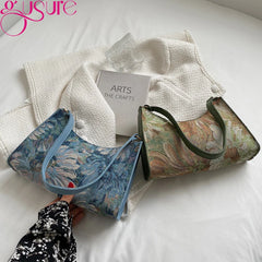 Women Canvas Shoulder Bag Oil Painting Underarm Hobos Bag