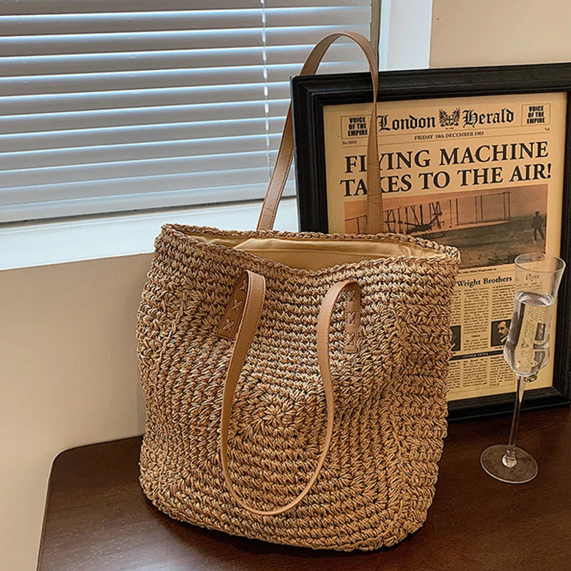 Women Summer Woven Shoulder Shopping Bag Beach Vacation Travel