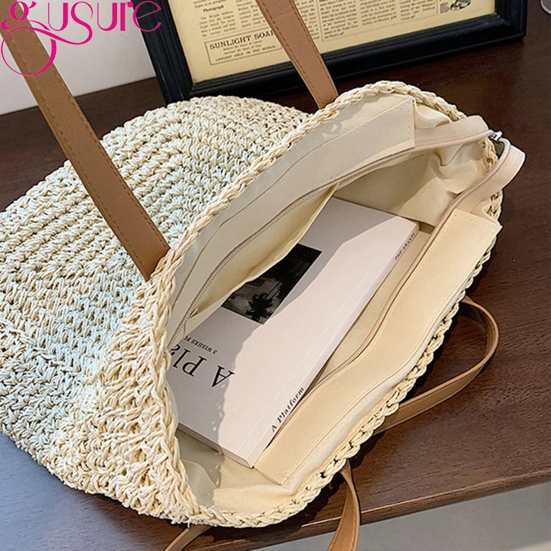 Women Summer Woven Shoulder Shopping Bag Beach Vacation Travel