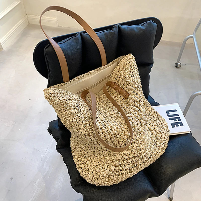 Women Summer Woven Shoulder Shopping Bag Beach Vacation Travel