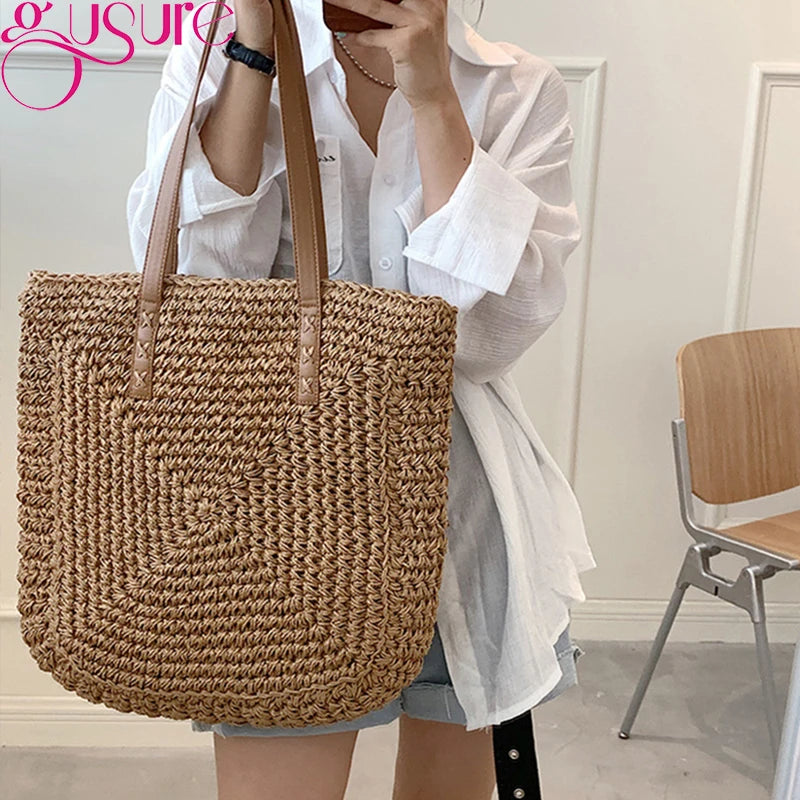 Women Summer Woven Shoulder Shopping Bag Beach Vacation Travel