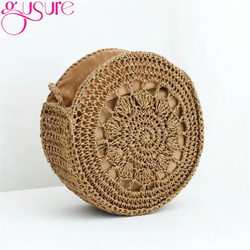 Hand-Weave Straw Bag Knit Hollow Flower Crossbody Beach Bag