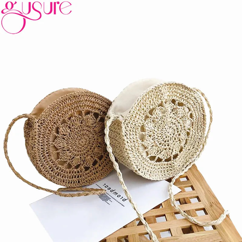Hand-Weave Straw Bag Knit Hollow Flower Crossbody Beach Bag