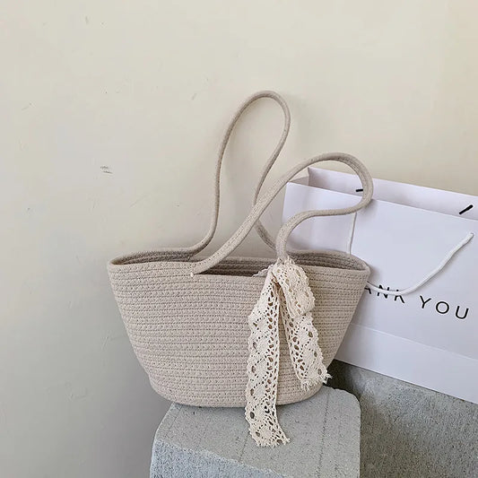 Women's Straw Woven Top-handle Handbag Vintage Ribbon Large Capacity