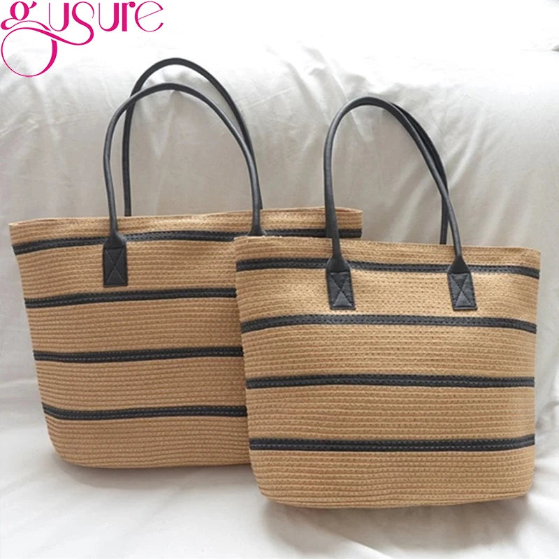 Straw Stripe Woven Totes Bag Large Capacity Summer Handbag Travel Shoulder Bag
