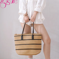 Straw Stripe Woven Totes Bag Large Capacity Summer Handbag Travel Shoulder Bag