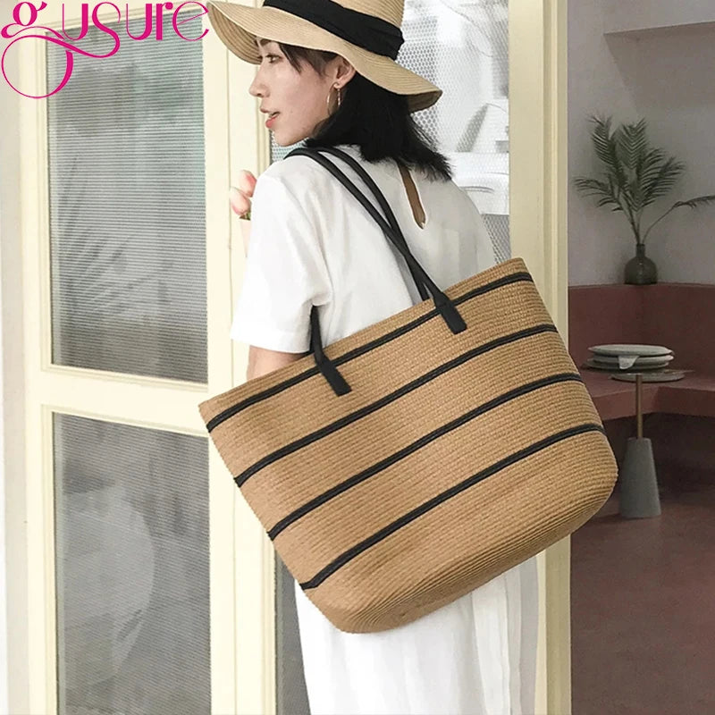 Straw Stripe Woven Totes Bag Large Capacity Summer Handbag Travel Shoulder Bag