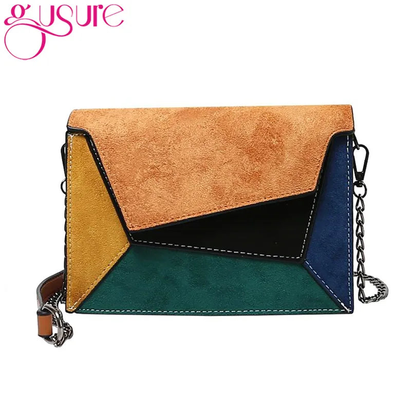 Vintage Patchwork Messenger Bag Chains Flap Crossbody Bag Scrub