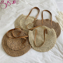 Women Rattan Shoulder Bag Wicker Straw Circular Woven Traveling Bag