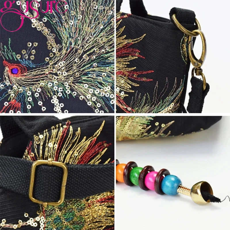 Embroidery Peacock Shoulder Bag Large Capacity Messenger