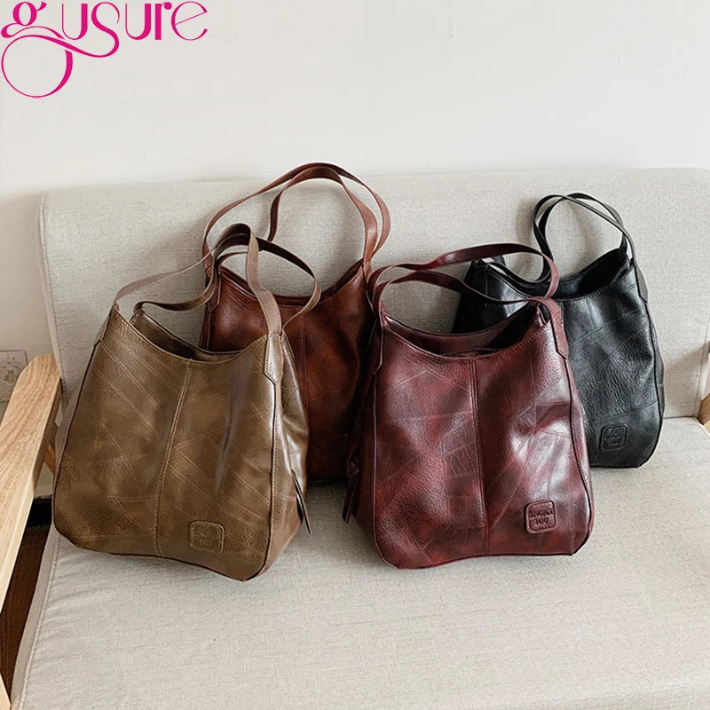 Vintage PU Leather Shoulder Bag Large Capacity Totes Women's Hobo Handbags