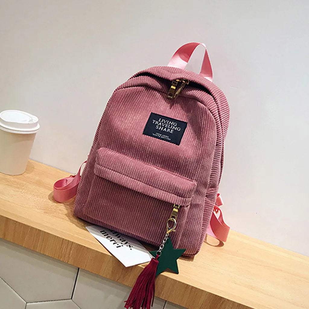 Corduroy Backpack Soft Fabric Female Pure Colour Student Bag School