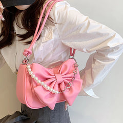 Women's Bow Pleated Underarm Shoulder Bag Chains Beading Handbag