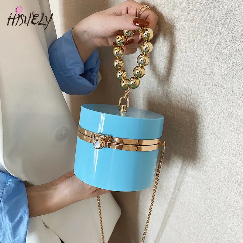 Golden Beaded Handle Acrylic Round Clutch Bag for Women
