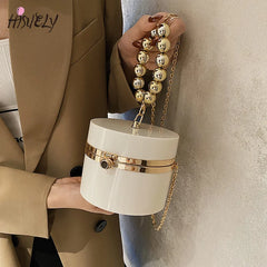 Golden Beaded Handle Acrylic Round Clutch Bag for Women