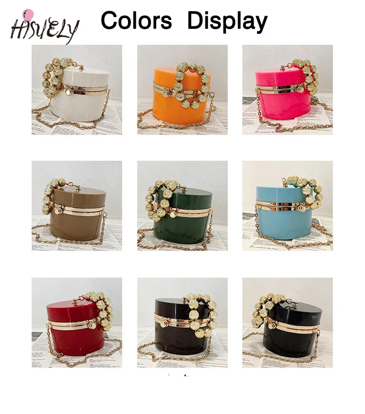 Golden Beaded Handle Acrylic Round Clutch Bag for Women