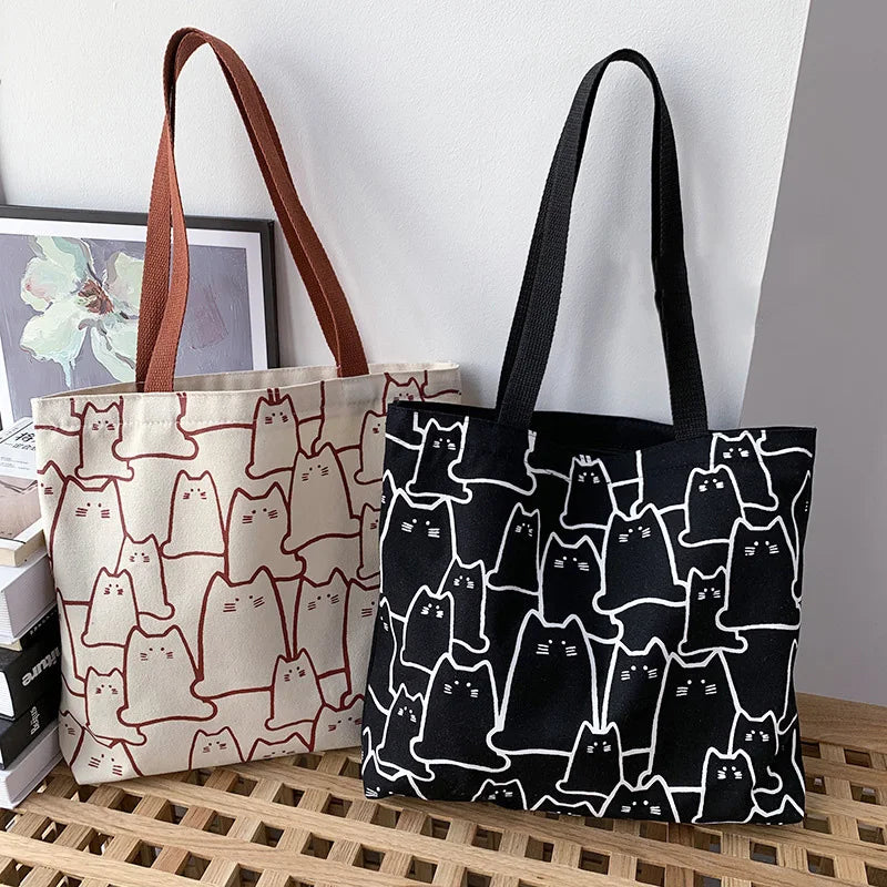 Japanese Style Cartoon Cats Canvas Tote Bag Eco Shoulder Handbag