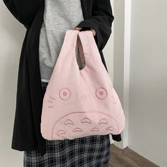 Cartoon Cat Embroidery Lamb Fabric Handbag for Women Girls