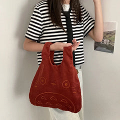 Cartoon Cat Embroidery Lamb Fabric Handbag for Women Girls