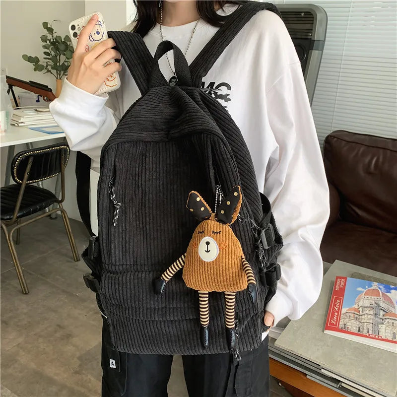 Women Corduroy Stripe Harajuku School Backpack Female Mochila