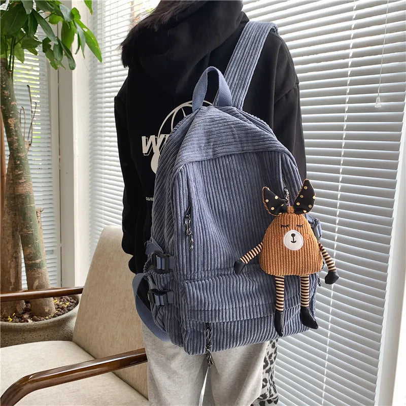 Women Corduroy Stripe Harajuku School Backpack Female Mochila
