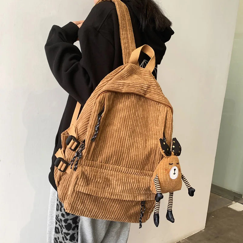 Women Corduroy Stripe Harajuku School Backpack Female Mochila