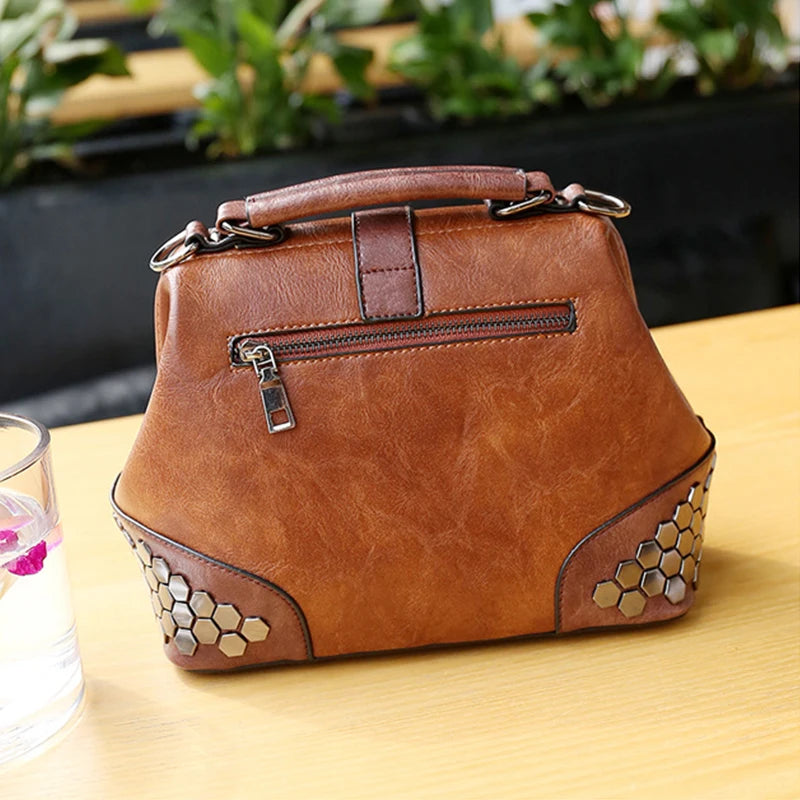 Vintage Leather Handbag Crossbody Tote Chain Rivets Doctor Bag