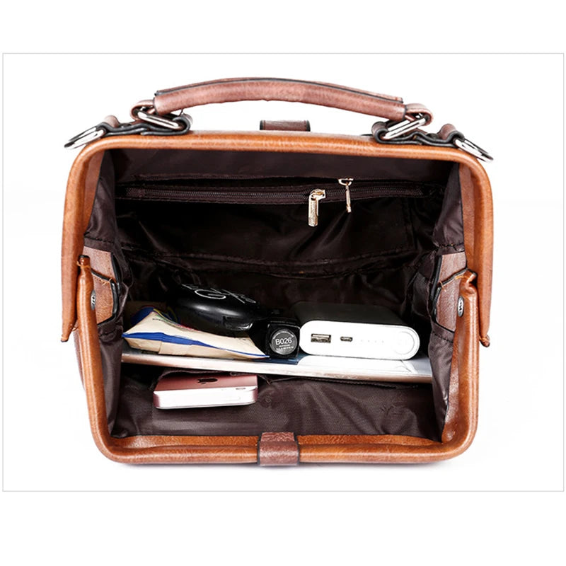 Vintage Leather Handbag Crossbody Tote Chain Rivets Doctor Bag