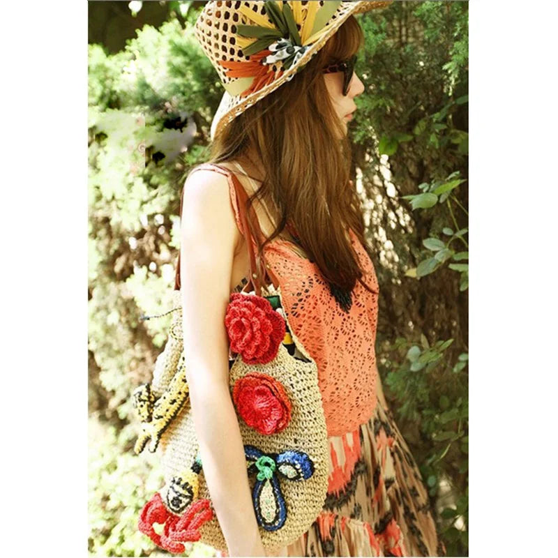 Straw Weaving Beach Bag Flower Handbag Summer Tote