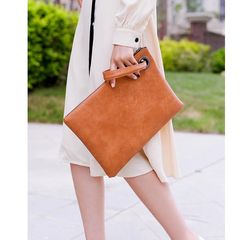 Leather Envelope Clutch Bag Zipper Evening Bag Women's Handbag