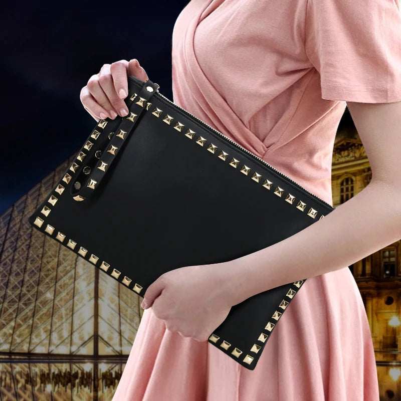 Women Clutch Handbag PU Leather Clutch Bag Rivets Retro Lady Envelop Bag