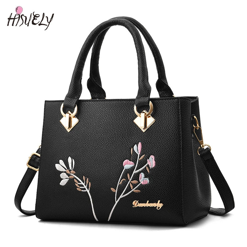 Embroidered Flower PU Leather Handbag Crossbody Bag