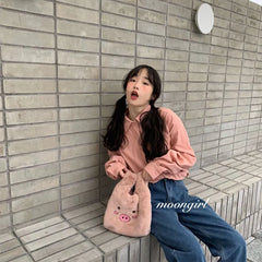 Women Rabbit Hair Plush Handbags Bucket Vintage Shoulder Bags