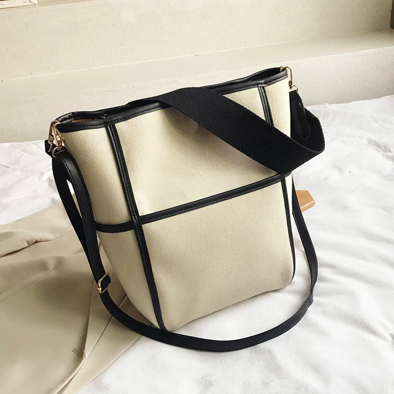 Panelled Canvas Shoulder Bag Large Capacity Handbag