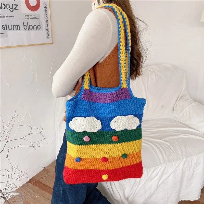 Rainbow Shoulder Bag Knitting Tote for Girls Cotton Cloth Women Handbag