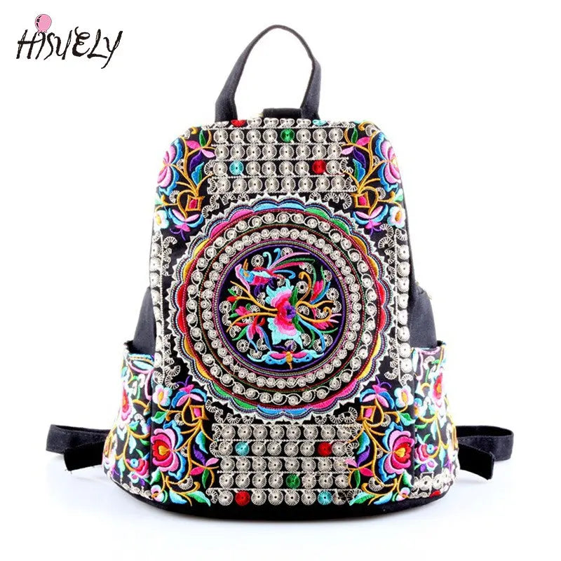 Vintage Floral Embroidered Canvas Backpack Denim Rucksack Schoolbag