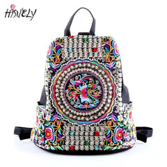 Vintage Floral Embroidered Canvas Backpack Denim Rucksack Schoolbag
