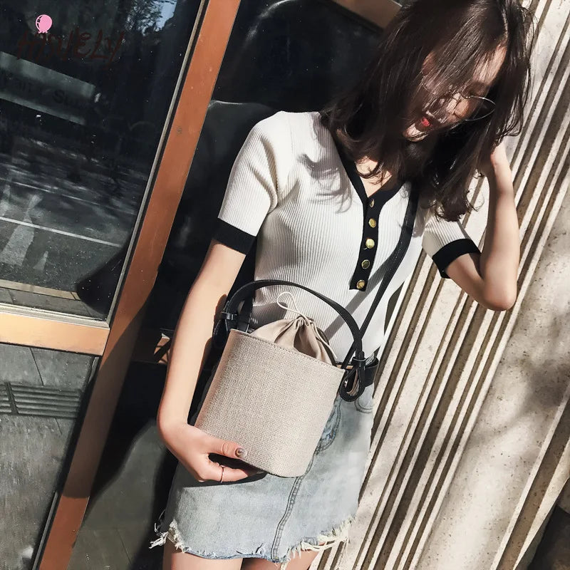 Women Beach Linen Bucket Bag High Messenger Purse