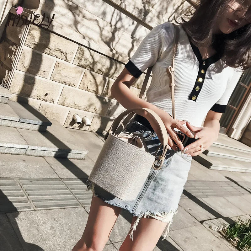 Women Beach Linen Bucket Bag High Messenger Purse