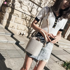 Women Beach Linen Bucket Bag High Messenger Purse