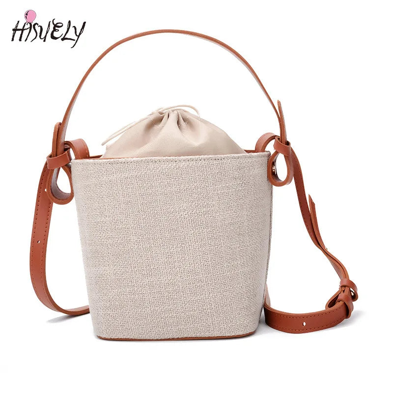 Women Beach Linen Bucket Bag High Messenger Purse