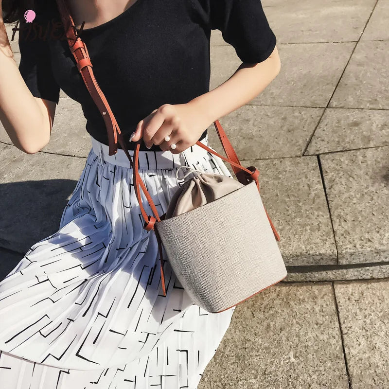 Women Beach Linen Bucket Bag High Messenger Purse