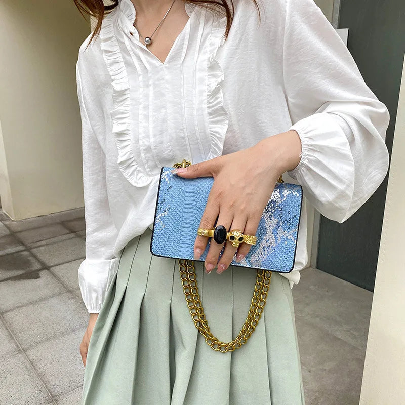 Female Snake Pattern Messenger Bag Skull Knucklebox Lock Flap Handbag Purse